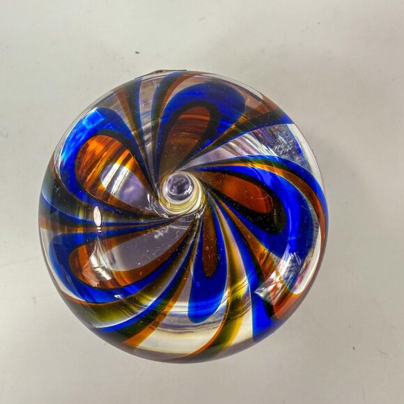 Kosta Boda Blue Swirl Art Glass Warff Jewel Paperweight Sweden Signed - Picture 3 of 5